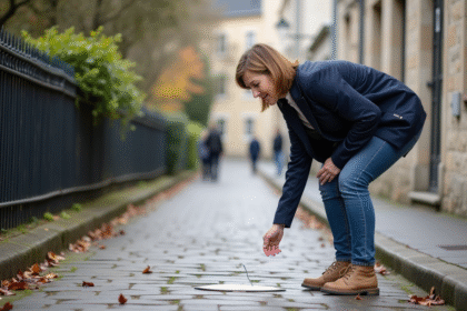 Femme inspectant un trottoir en pierre dans un quartier résidentiel