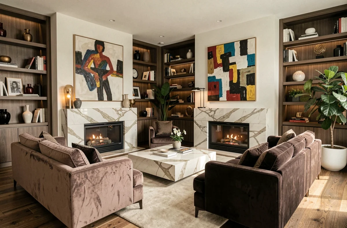 Intérieur de luxe d'un appartement haut de gamme avec mobilier design et cheminée en marbre à assurer