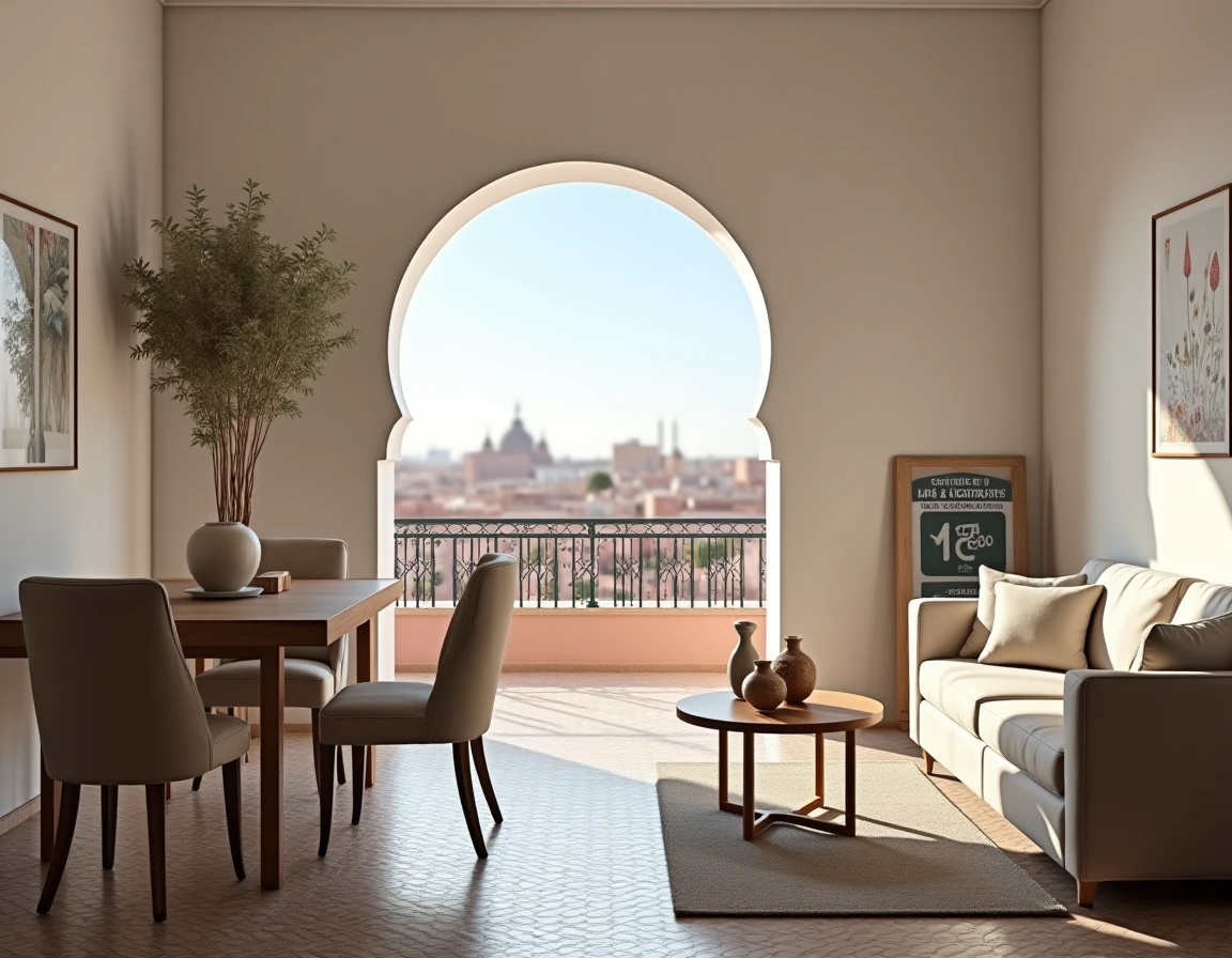 Appartement bien stagé à vendre à Marrakech avec décoration marocaine authentique et panneau de mise en vente
