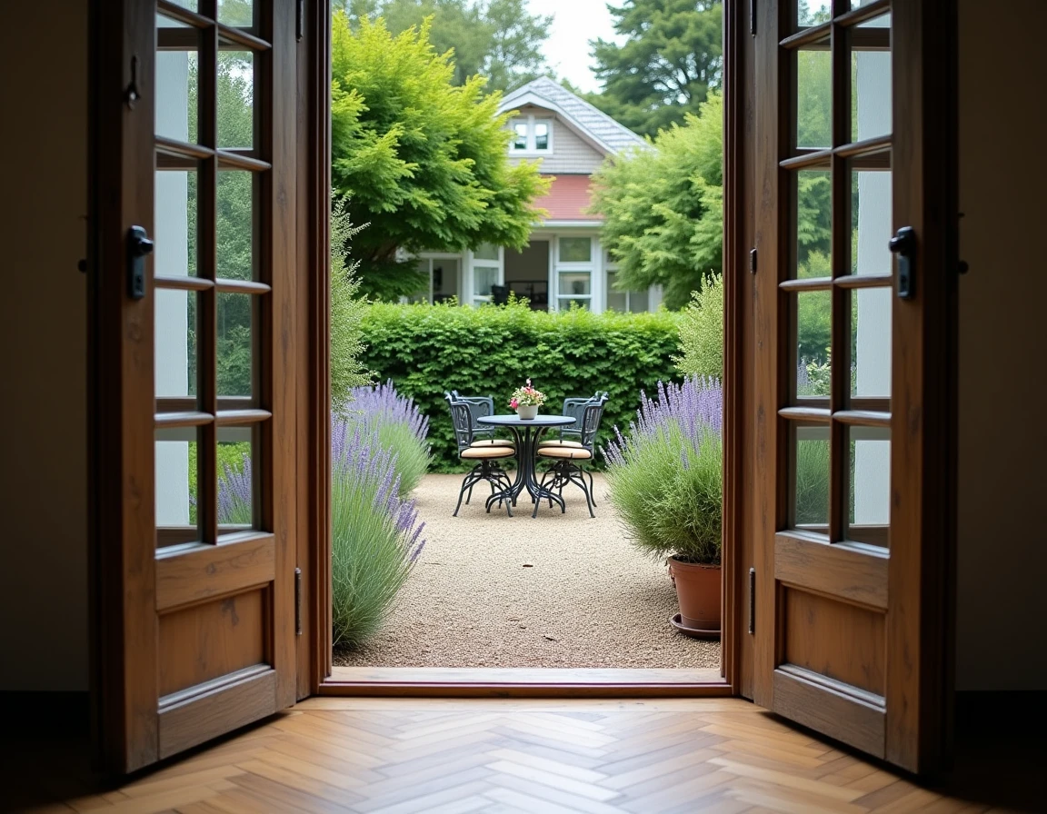 Vue depuis l'intérieur d'une maison en location au Havre sur un jardin privé avec table de jardin en fer forgé