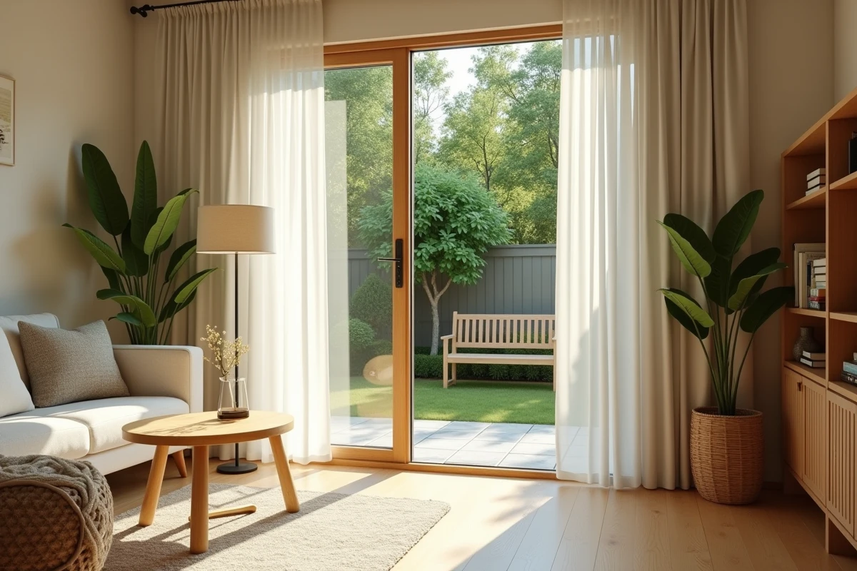 Salon d'une petite maison en location avec vue sur le jardin privé verdoyant