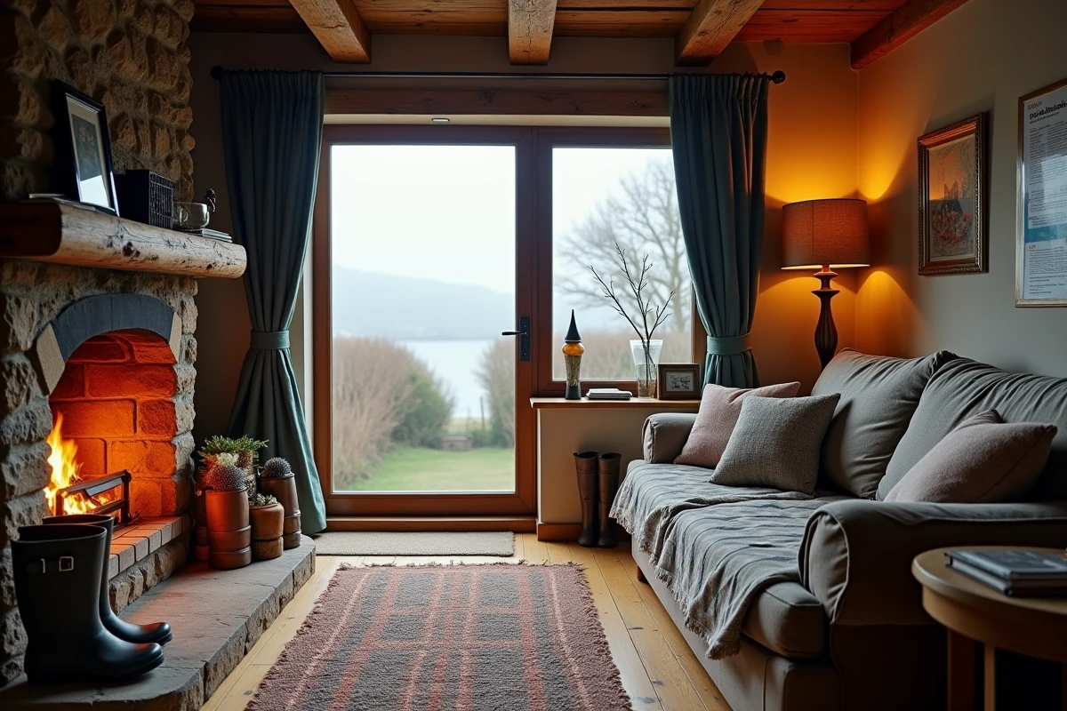 Intérieur douillet d'une maison normande habitée à l'année avec cheminée en pierre et vue sur le littoral brumeux