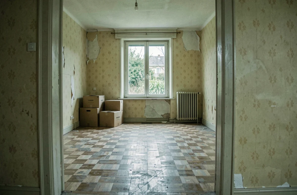 Intérieur vide et délabré d'une maison vacante en France avec parquet poussiéreux et papier peint décollé