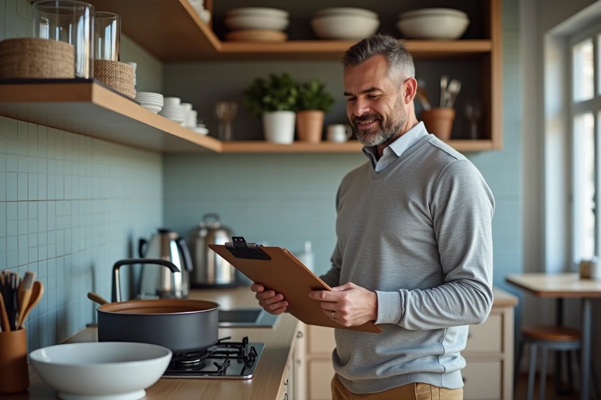 Propriétaire inspectant l'inventaire du mobilier et des équipements dans un studio meublé