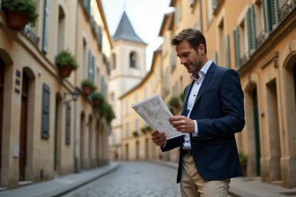 Investisseur immobilier étudiant un plan de quartier dans le centre historique de Bergerac