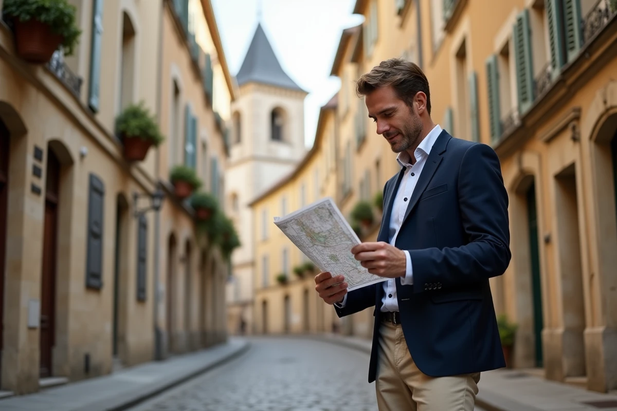 Investisseur immobilier étudiant un plan de quartier dans le centre historique de Bergerac