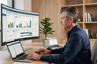 Investisseur immobilier analysant un simulateur de rentabilité multi-parc sur un grand écran avec tableaux de bord et graphiques de comparaison