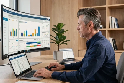 Investisseur immobilier analysant un simulateur de rentabilité multi-parc sur un grand écran avec tableaux de bord et graphiques de comparaison