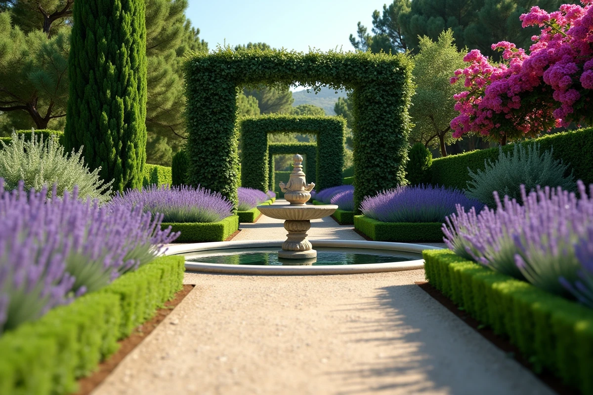 Jardins luxuriants de la Villa Leopolda avec fontaine classique et parterres de lavande sur la Riviera française