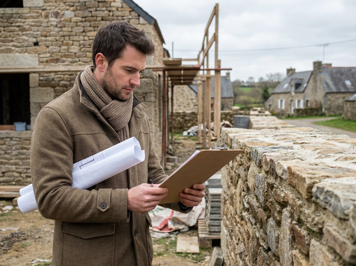 Jeune architecte examinant des plans sur un chantier rural