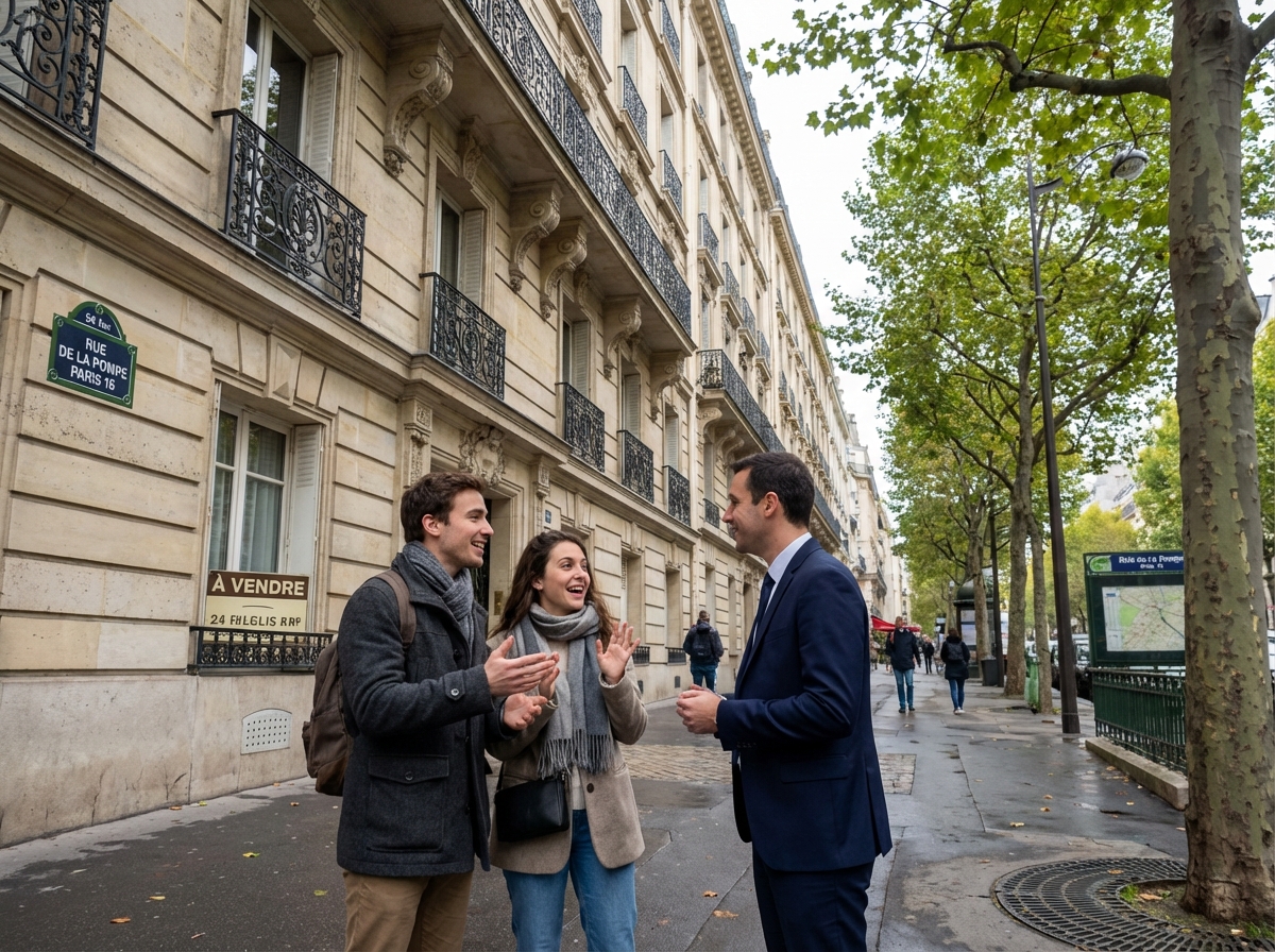 Jeune couple discutant avec agent immobilier devant immeuble parisien