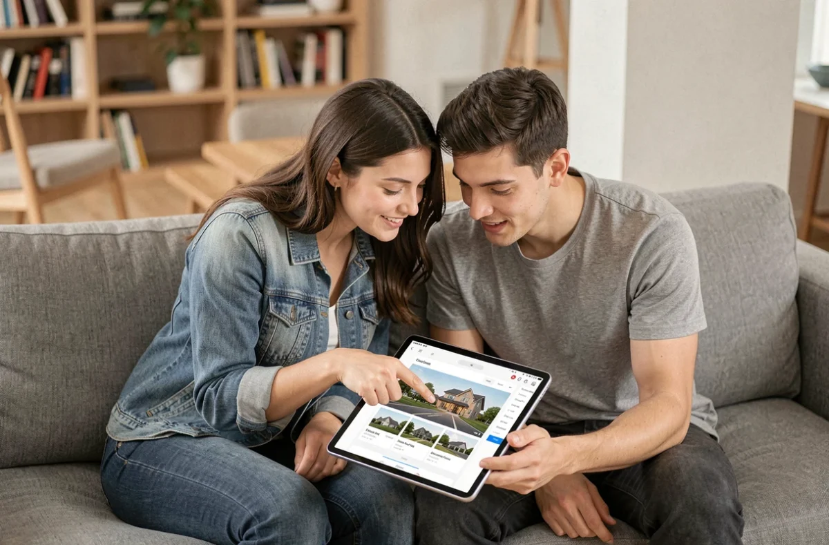 Jeune couple de particuliers recherchant un bien immobilier sur tablette avec 123 Net Immo