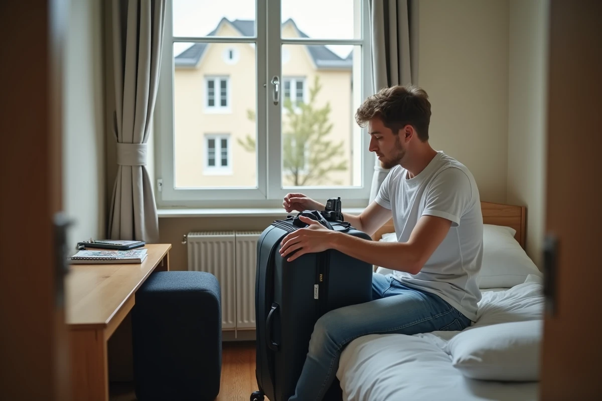 Étudiant jeune homme dans sa chambre universitaire