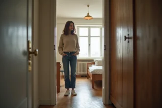 Jeune femme dans une petite chambre en réflexion