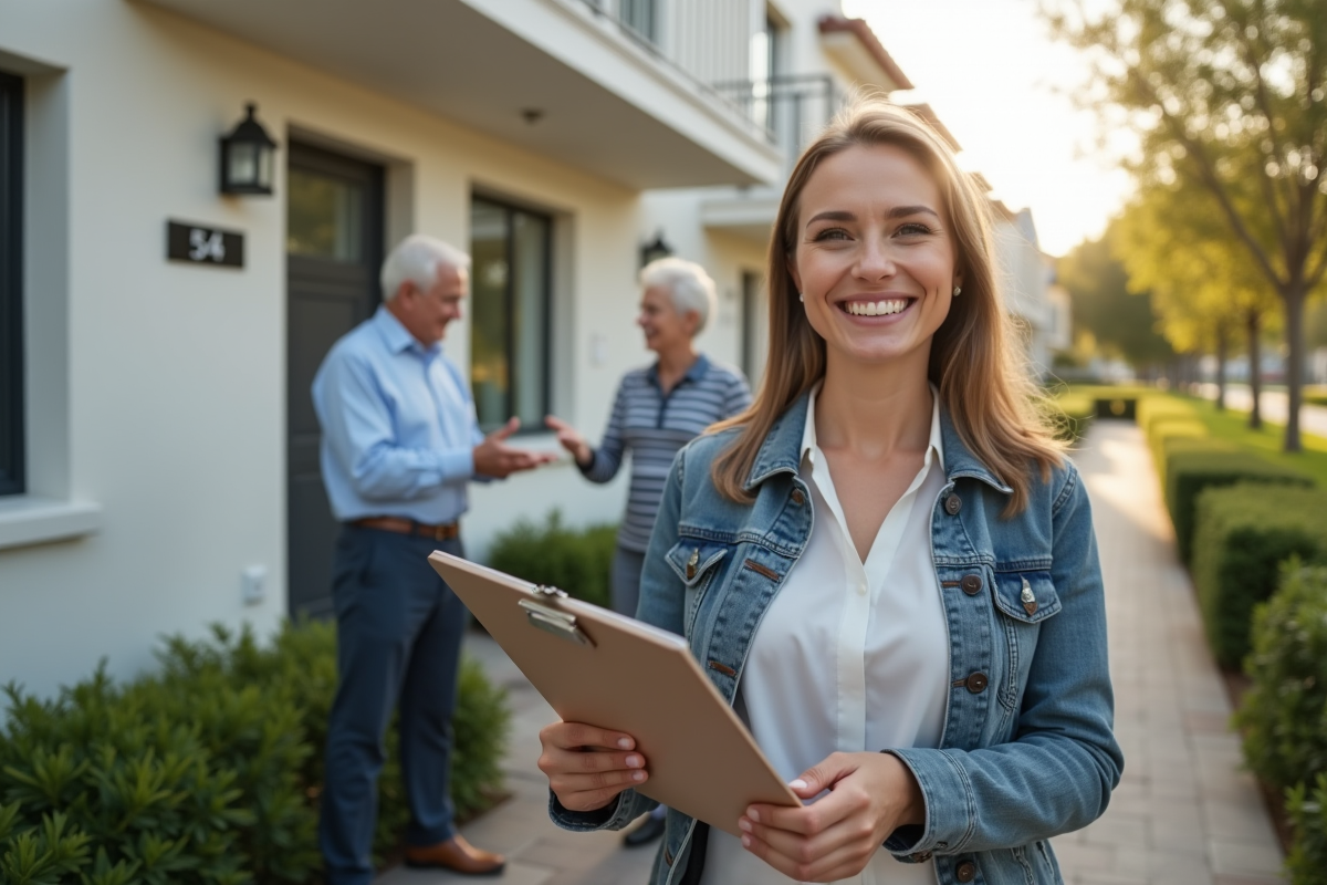 Jeune femme en business discute avec un couple devant une maison