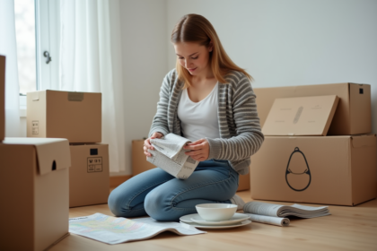 Jeune femme emballant des plats dans un journal pour déménagement