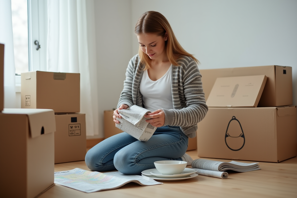 Jeune femme emballant des plats dans un journal pour déménagement