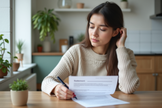 Jeune femme examine un relevé de loyer dans un appartement lumineux