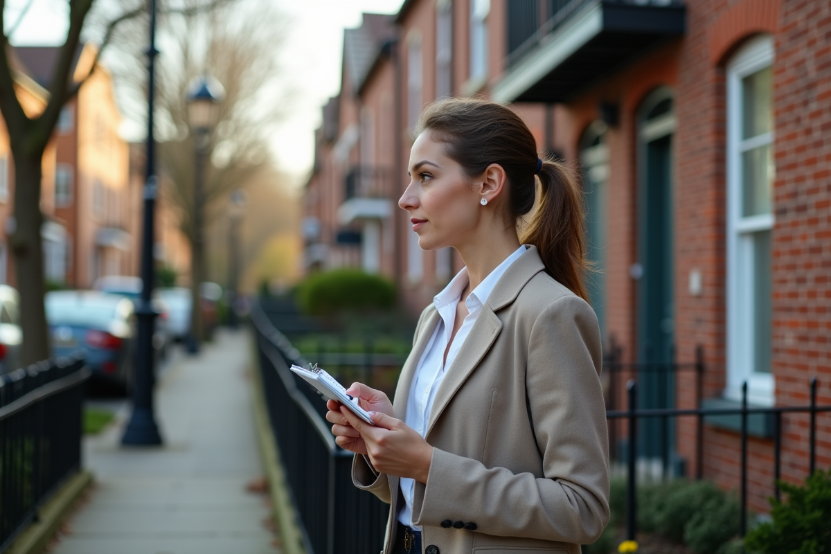 Jeune femme regarde une pancarte de vente devant une maison rénovée