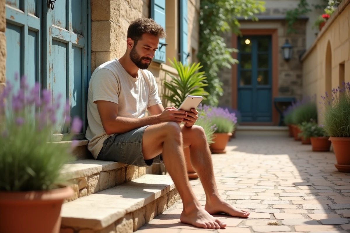 Jeune homme comparant les coûts de déménagement sur une tablette devant une maison du sud