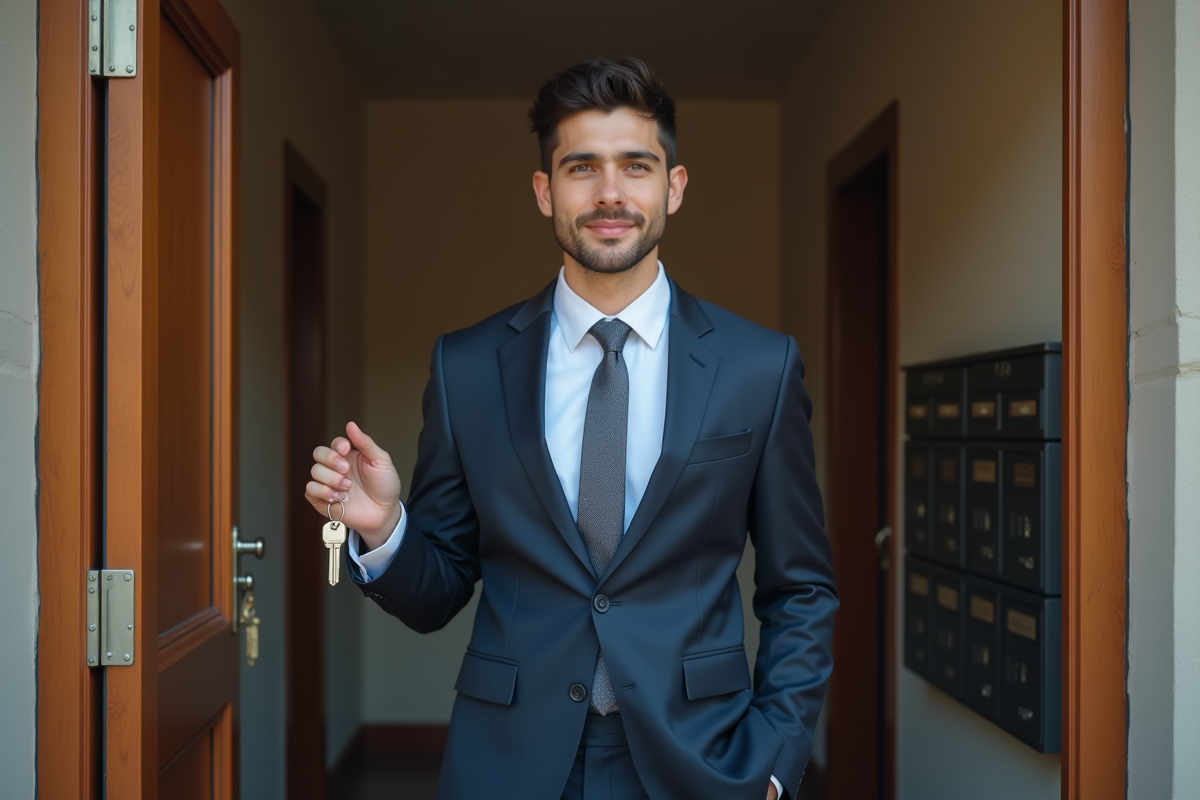 Jeune professionnel tenant des clés devant un appartement en ville