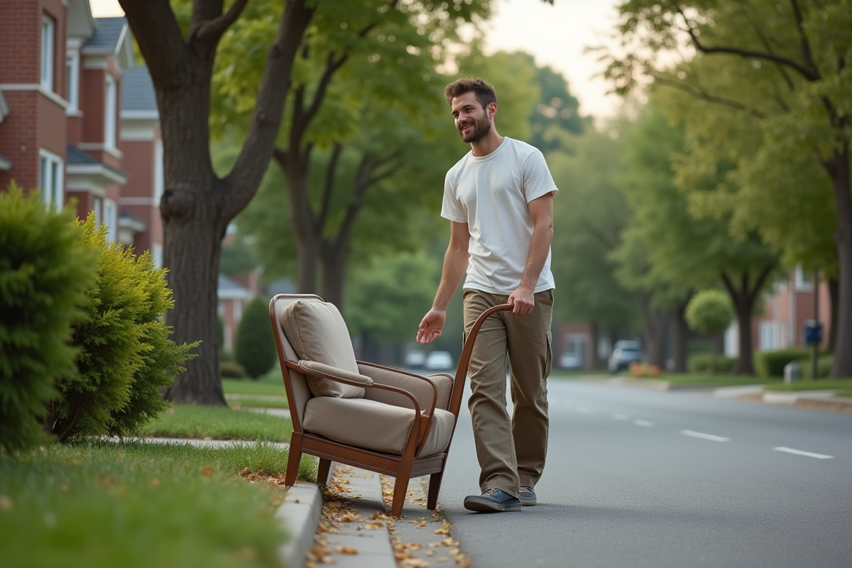 Jeune homme poussant un fauteuil vers le trottoir dehors