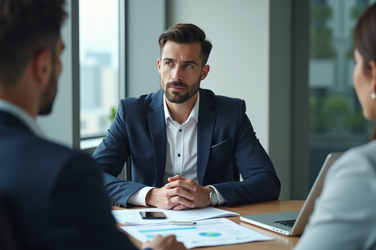Jeune professionnel discutant assurance avec un conseiller dans un bureau moderne