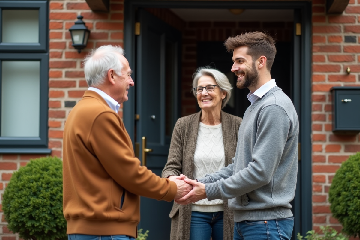 Jeune homme donnant les clés à un couple devant un immeuble