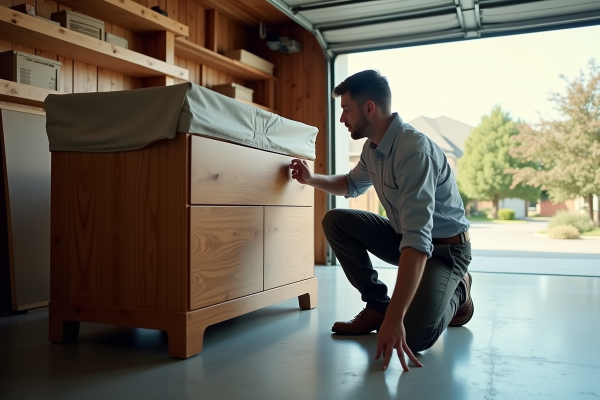 Jeune homme inspectant un meuble dans un garage