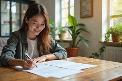 Jeune locataire lisant un contrat de location dans un salon lumineux