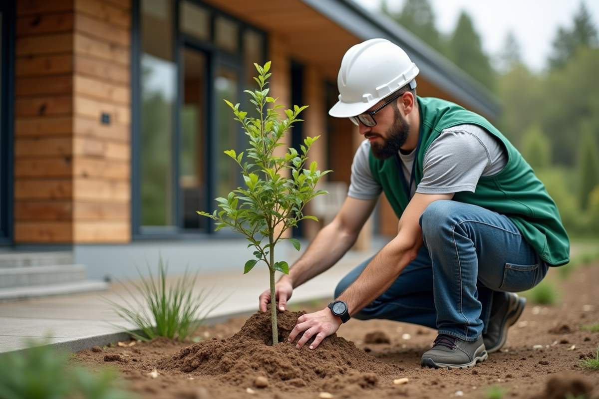 Jeune homme plantant un arbre près d