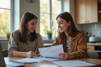 Jeunes adultes discutant de documents de location dans un appartement lumineux
