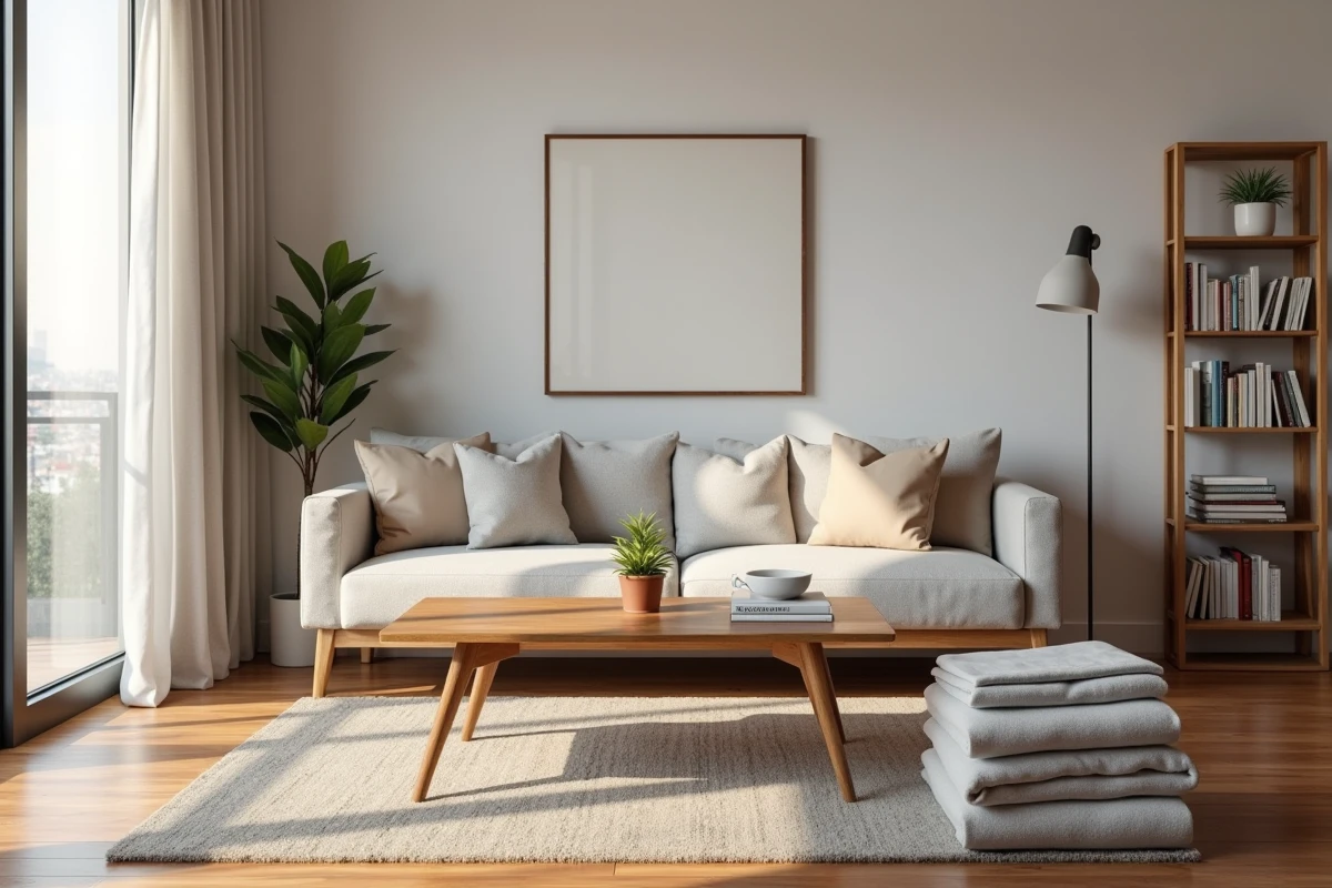 Salon d'un appartement meublé professionnel avec mobilier complet et inventaire organisé pour location meublée