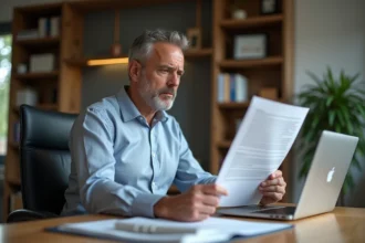 Homme propriétaire lisant documents juridiques dans son bureau