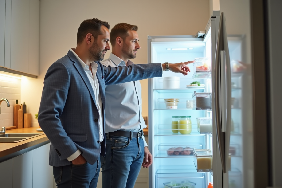 Propriétaire et locataire discutant devant un frigo moderne lumineux