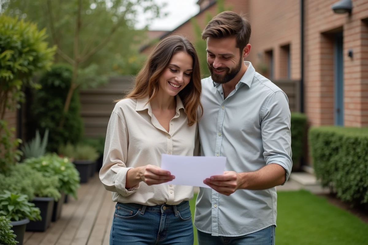 Couple de locataires lisant un contrat de location dans le jardin d'une petite maison