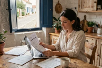 Femme consultant les prix de location d'un appartement à Concarneau sur un ordinateur portable en haute saison