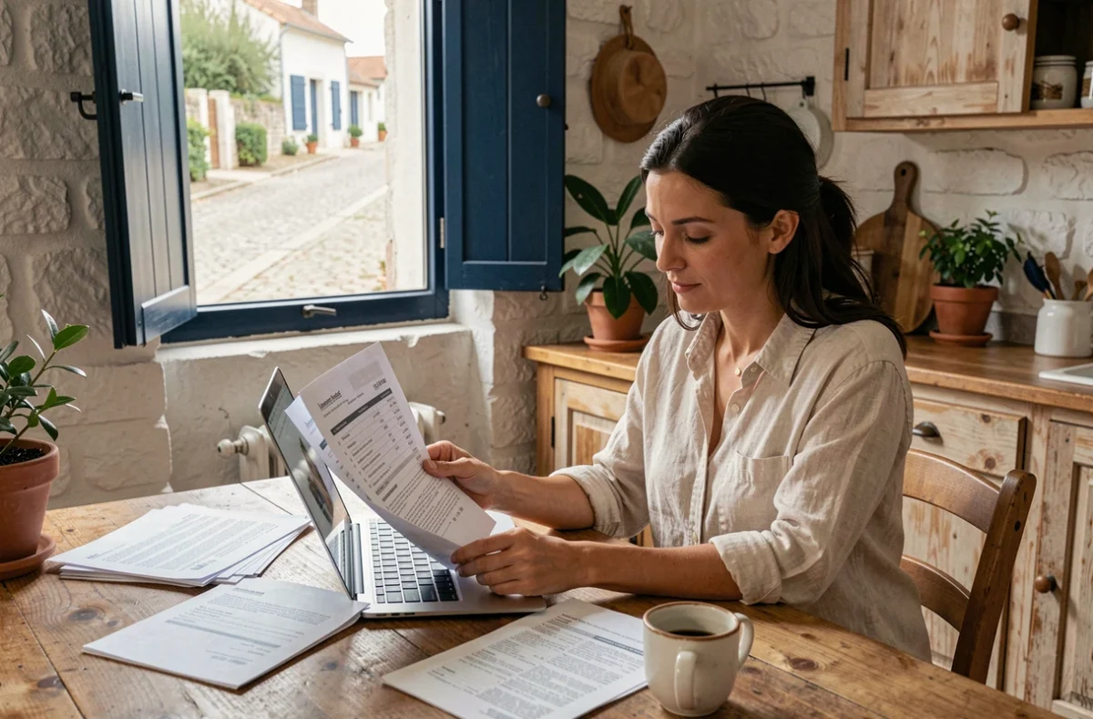 Femme consultant les prix de location d'un appartement à Concarneau sur un ordinateur portable en haute saison