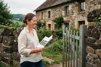 Femme inspectant une maison en pierre à louer avec jardin en Haute-Loire, tenant des annonces immobilières