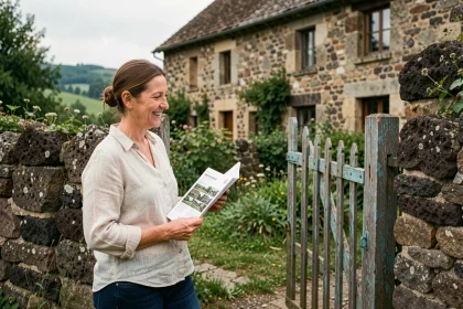 Femme inspectant une maison en pierre à louer avec jardin en Haute-Loire, tenant des annonces immobilières