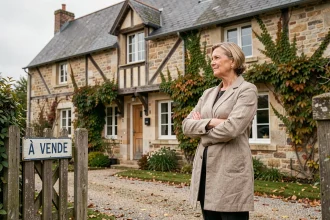 Femme devant une maison normande en pierre à vendre dans le Calvados avec panneau de vente dans le jardin en automne