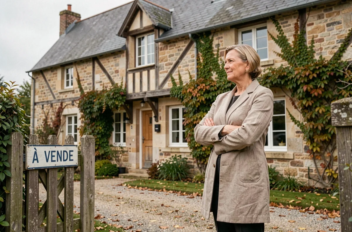 Femme devant une maison normande en pierre à vendre dans le Calvados avec panneau de vente dans le jardin en automne