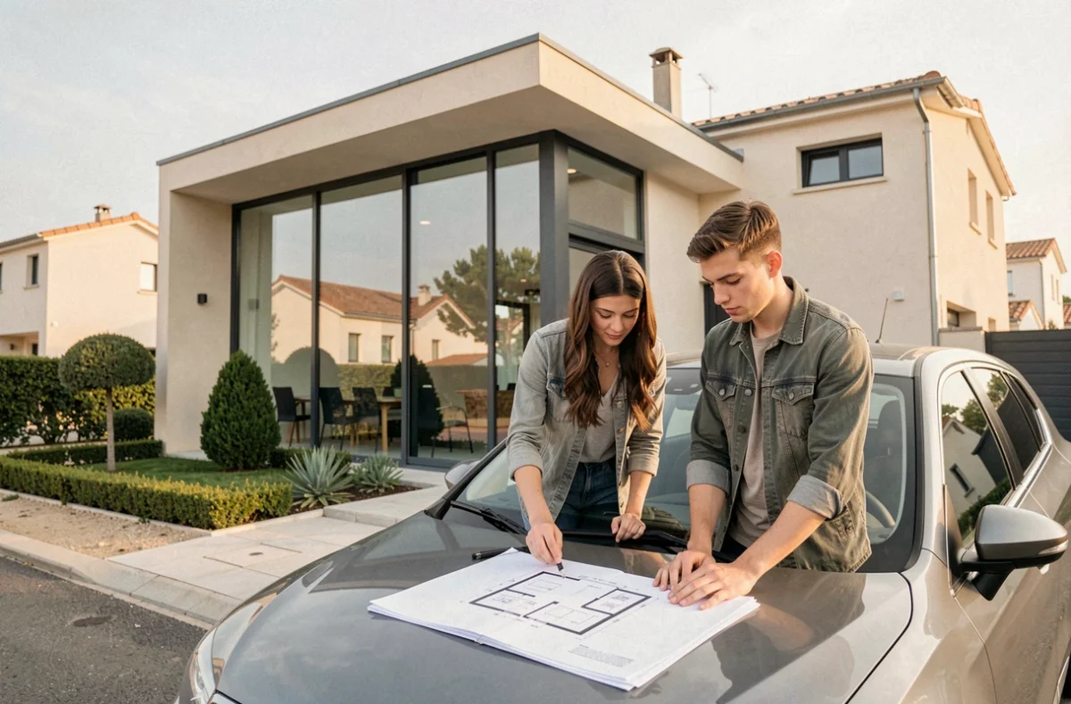 Jeune couple consultant des plans devant une maison contemporaine construite par Maison Kamci dans l'Aude