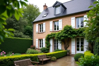 Maison à louer au Havre avec jardin fleuri et terrasse en pierre, façade normande typique avec volets blancs