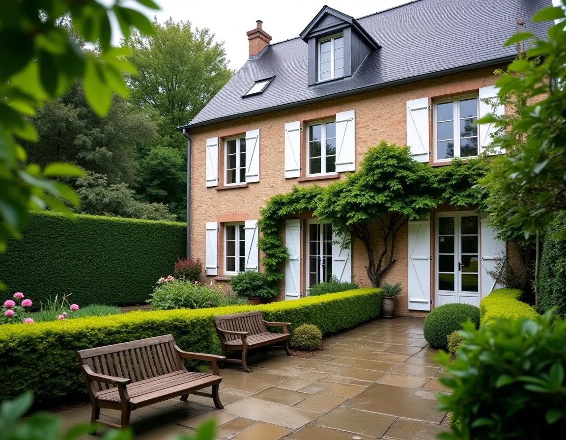 Maison à louer au Havre avec jardin fleuri et terrasse en pierre, façade normande typique avec volets blancs