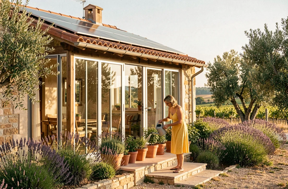 Maison ensoleillée avec véranda et panneaux solaires construite par Maisons Côté Soleil dans l'Aude