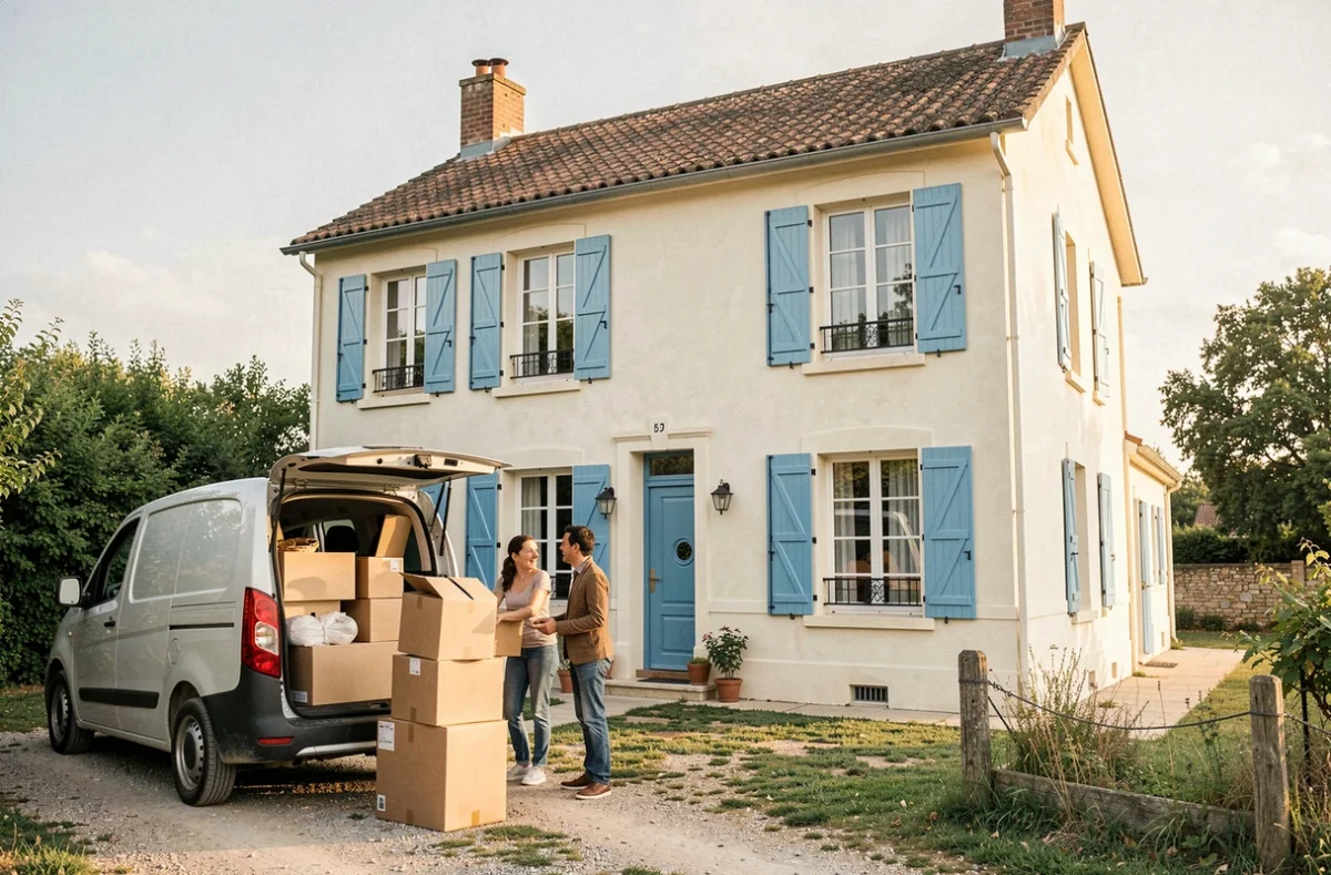 Famille emménageant dans une maison Maisons France Confort avec volets bleus dans l'Aude