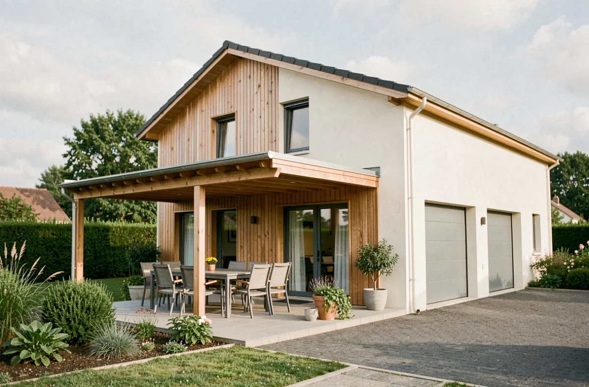 Maison familiale moderne avec bardage bois construite par Maisons MCA en Gironde
