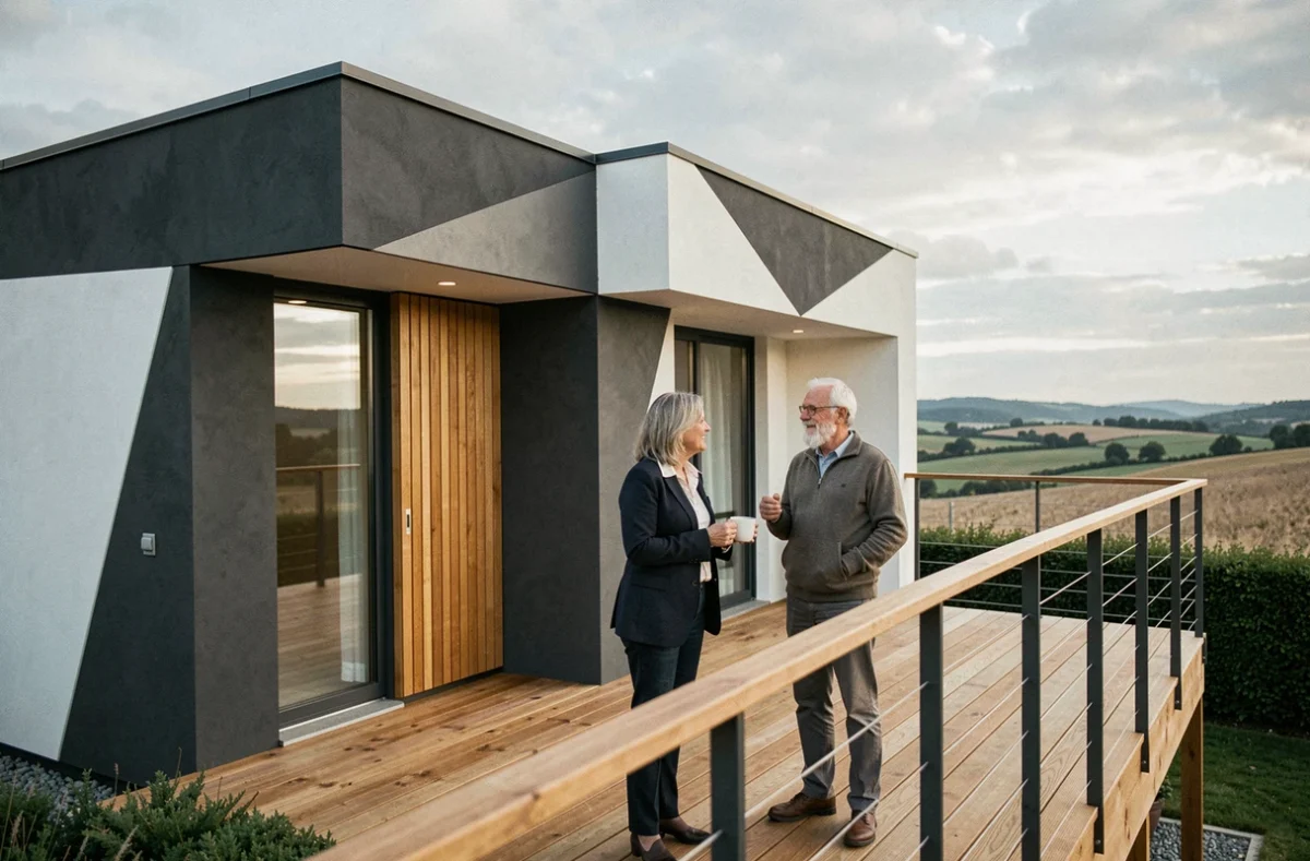 Couple profitant de la terrasse d'une maison moderne construite par Maisons Phenix dans l'Aude