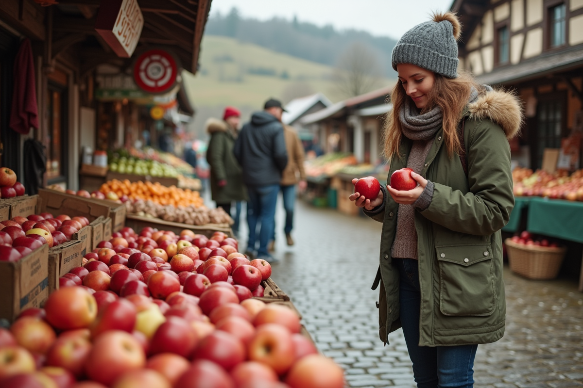 Jeune femme examinant des pommes au marché rural